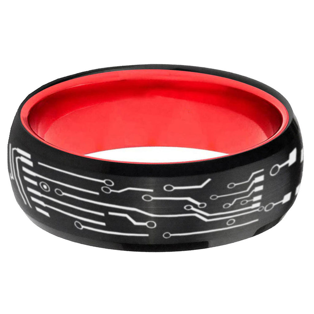 Circuit Board Dome Black Red Comfort Wedding Band
