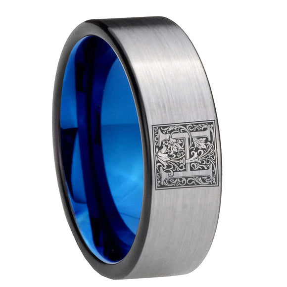 8mm-Pipe-Cut-Gray-and-Blue-Tungsten-Floral-Initial-Letter-H,-Monogram-Wedding-Bands