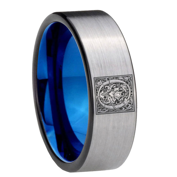 8mm-Pipe-Cut-Gray-and-Blue-Tungsten-Floral-Initial-Letter-O,-Monogram-Wedding-Bands