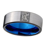 8mm-Pipe-Cut-Gray-and-Blue-Tungsten-Floral-Initial-Letter-R,-Monogram-Wedding-Bands