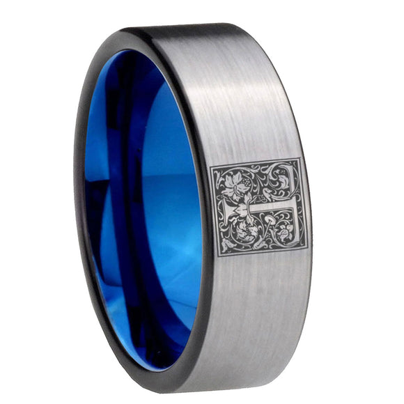 8mm-Pipe-Cut-Gray-and-Blue-Tungsten-Floral-Initial-Letter-T,-Monogram-Wedding-Bands