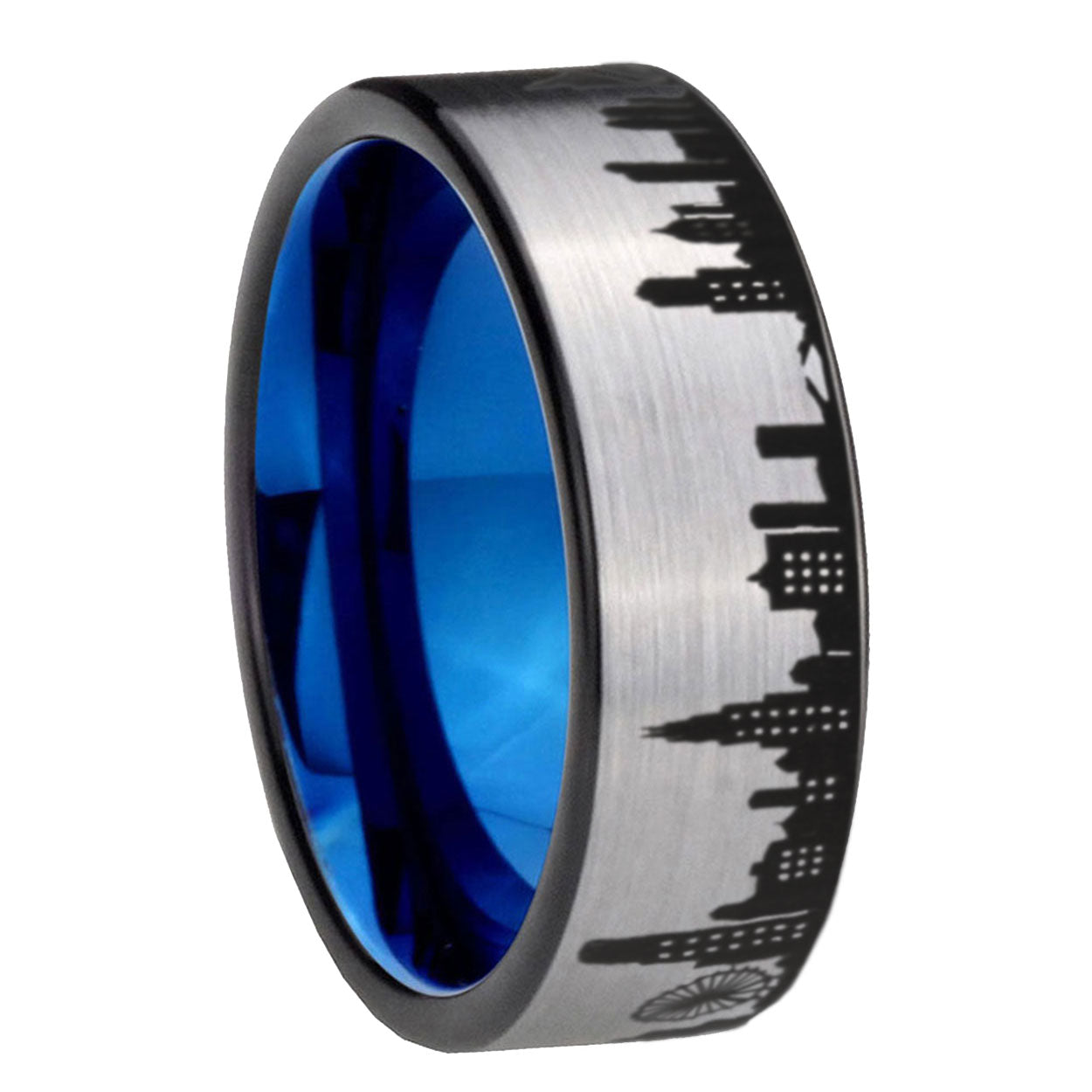 8MM Chicago City Pipe Cut Gray Tungsten Blue Plated Ring