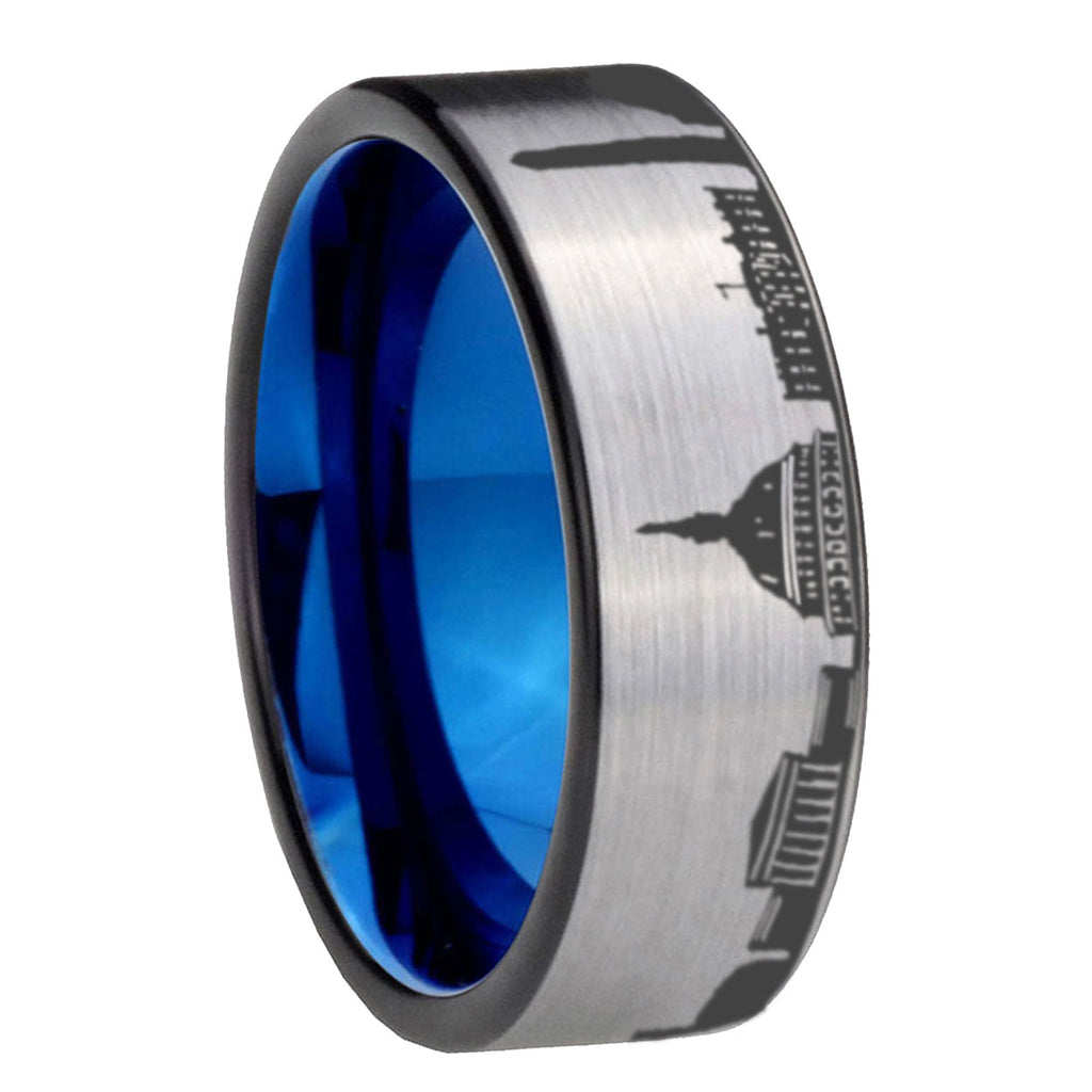DC Washington City Pipe Cut Gray Tungsten Blue Plated Ring