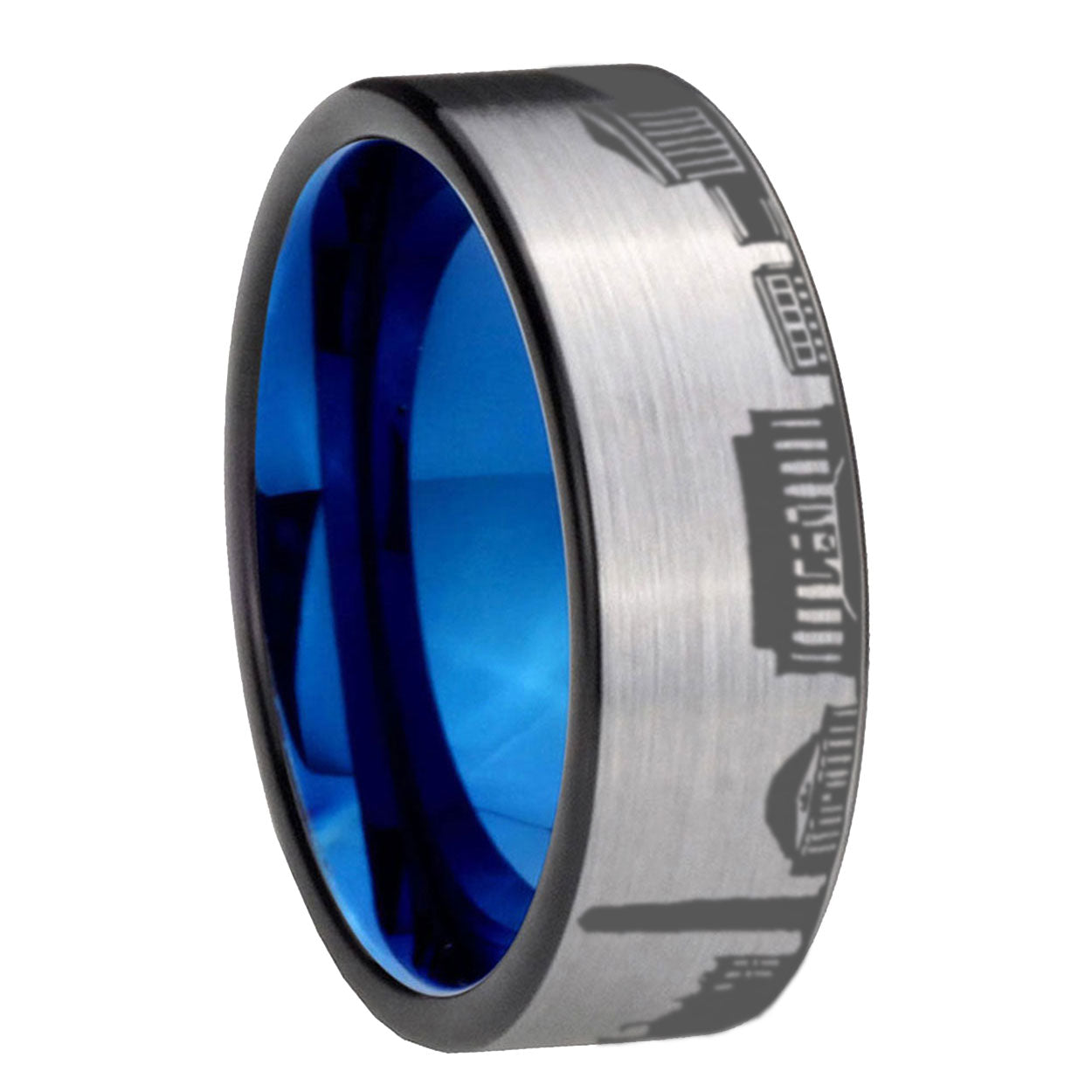 8MM DC Washington City Pipe Cut Gray Tungsten Blue Plated Ring