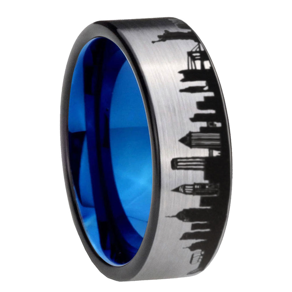 NY New York City Pipe Cut Gray Tungsten Blue Plated Ring