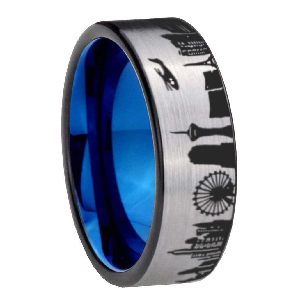 LA Las Vegas City Pipe Cut Gray Tungsten Blue Plated Ring