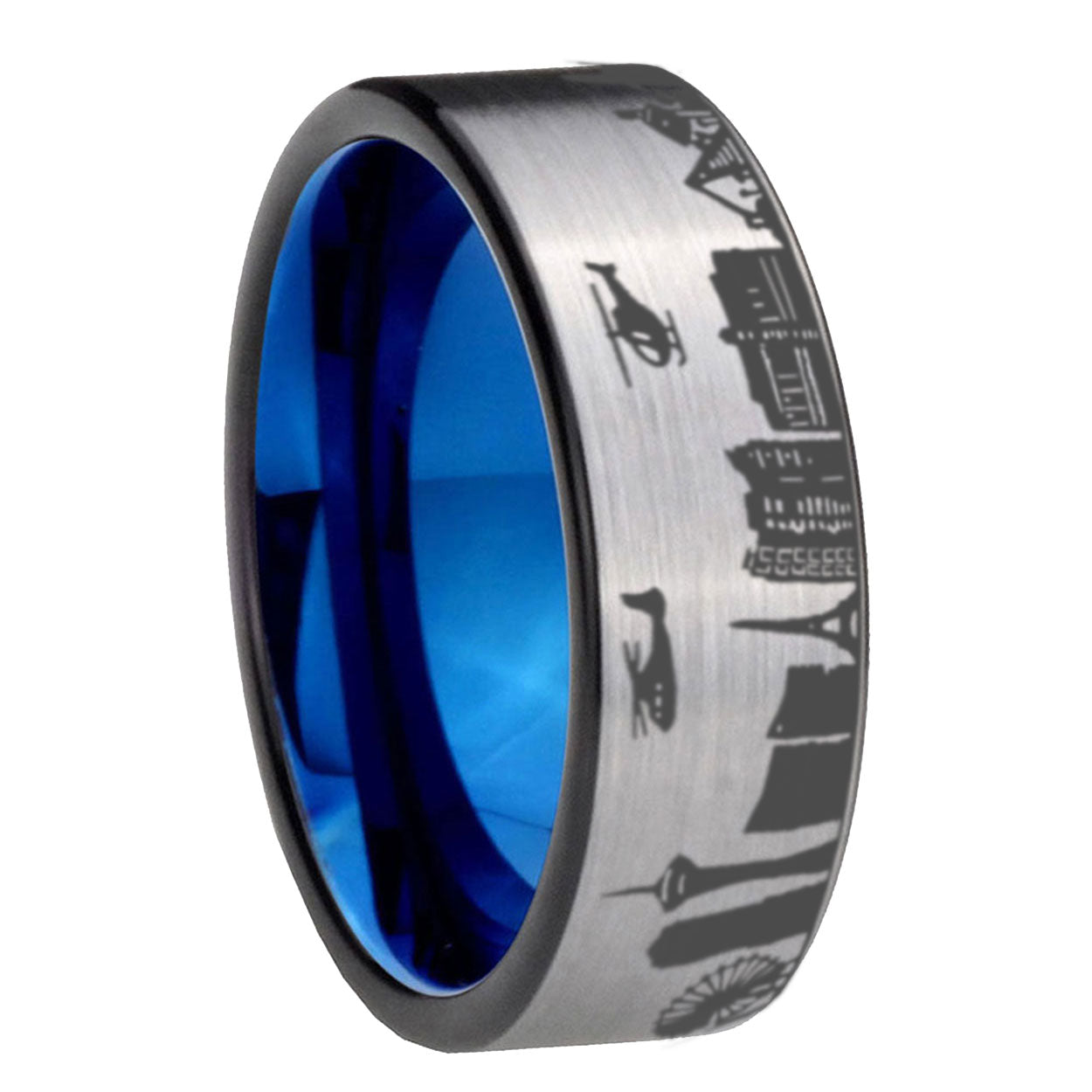 8MM LA Las Vegas City Pipe Cut Gray Tungsten Blue Plated Ring