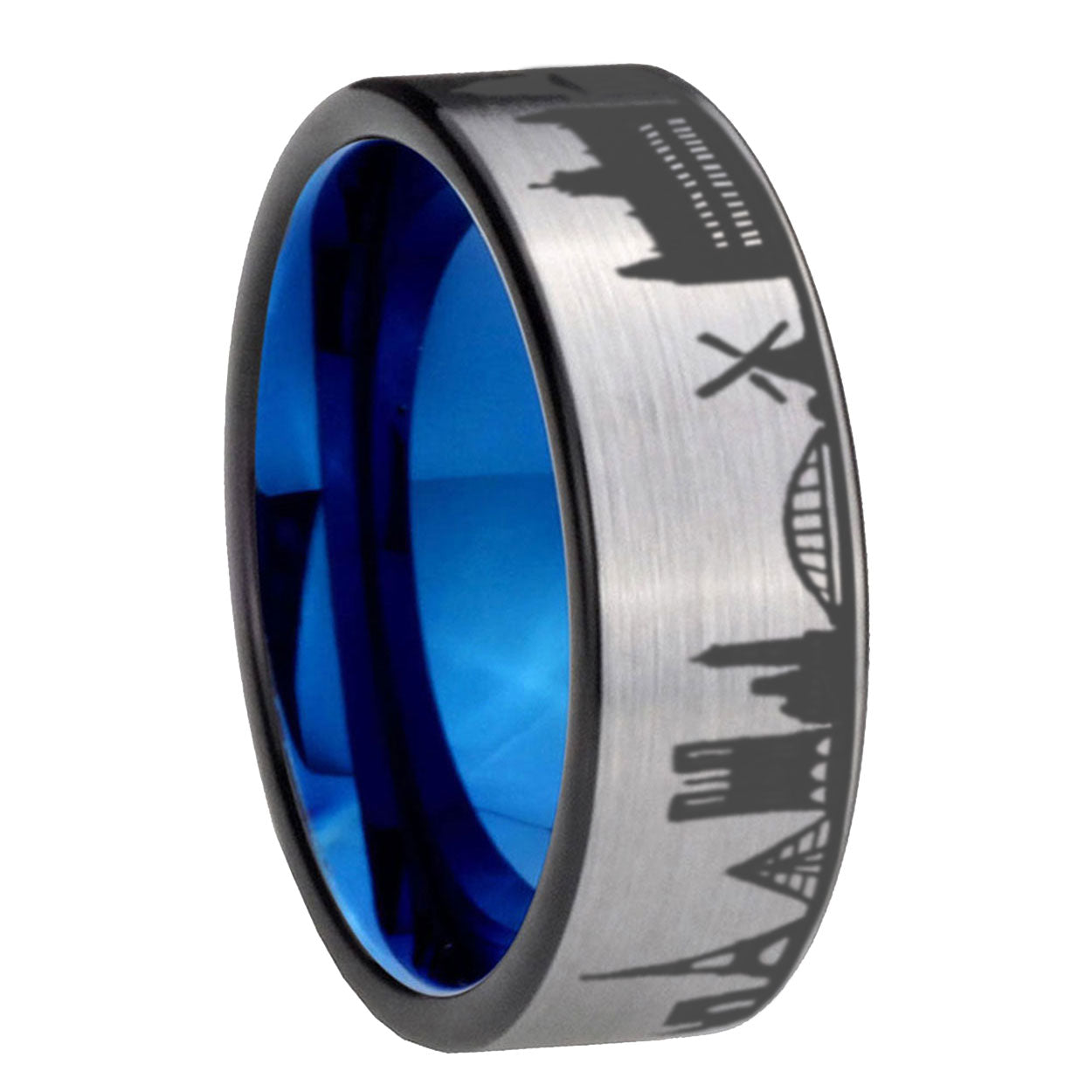 France Paris City Pipe Cut Gray Tungsten Blue Plated Ring