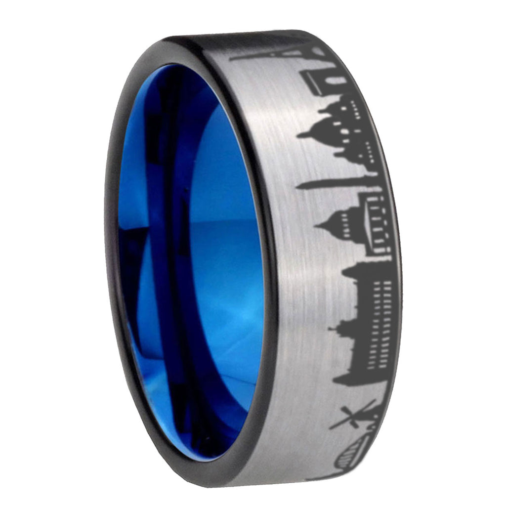 8MM France Paris City Pipe Cut Gray Tungsten Blue Plated Ring