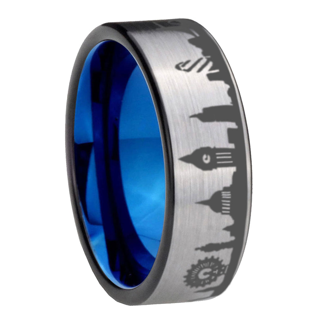 UK London City Pipe Cut Gray Tungsten Blue Plated Ring