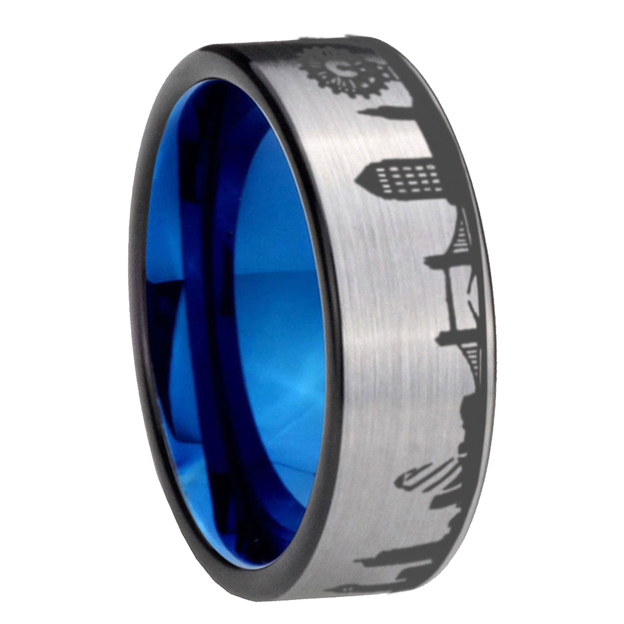 8MM UK London City Pipe Cut Gray Tungsten Blue Plated Ring