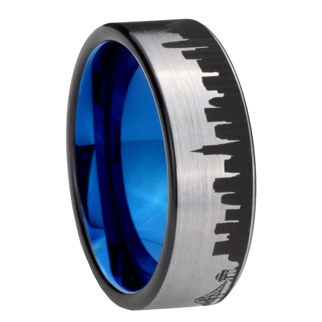 8MM CA San Francisco City Pipe Cut Gray Tungsten Blue Custom Ring