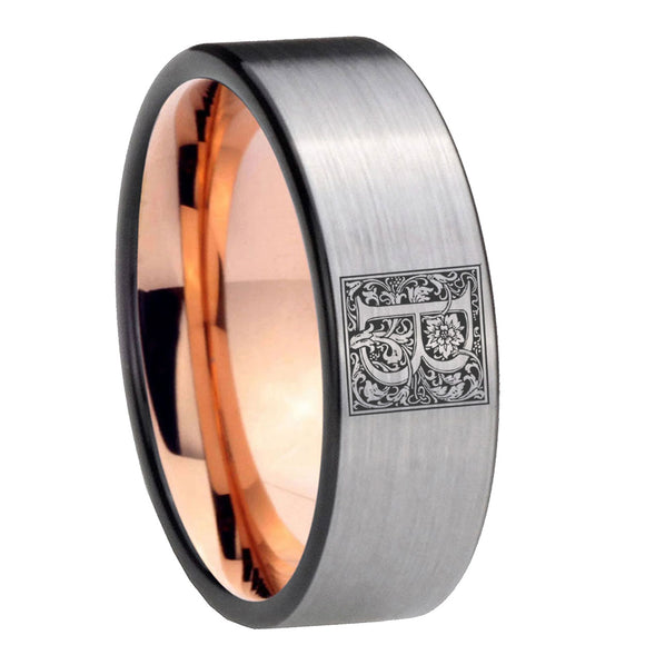 8mm-Pipe-Cut-Gray-and-Rose-Gold-Tungsten-Floral-Initial-Letter-B,-Monogram-Wedding-Bands