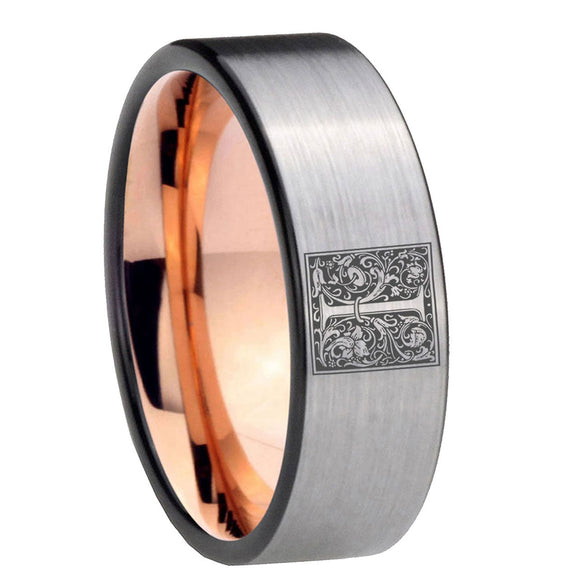8mm-Pipe-Cut-Gray-and-Rose-Gold-Tungsten-Floral-Initial-Letter-I,-Monogram-Wedding-Bands