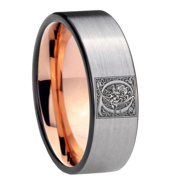 8mm-Pipe-Cut-Gray-and-Rose-Gold-Tungsten-Floral-Initial-Letter-Q,-Monogram-Wedding-Bands