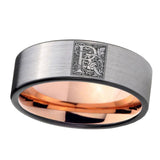 8mm-Pipe-Cut-Gray-and-Rose-Gold-Tungsten-Floral-Initial-Letter-R,-Monogram-Wedding-Bands
