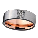 8mm-Pipe-Cut-Gray-and-Rose-Gold-Tungsten-Floral-Initial-Letter-S,-Monogram-Wedding-Bands
