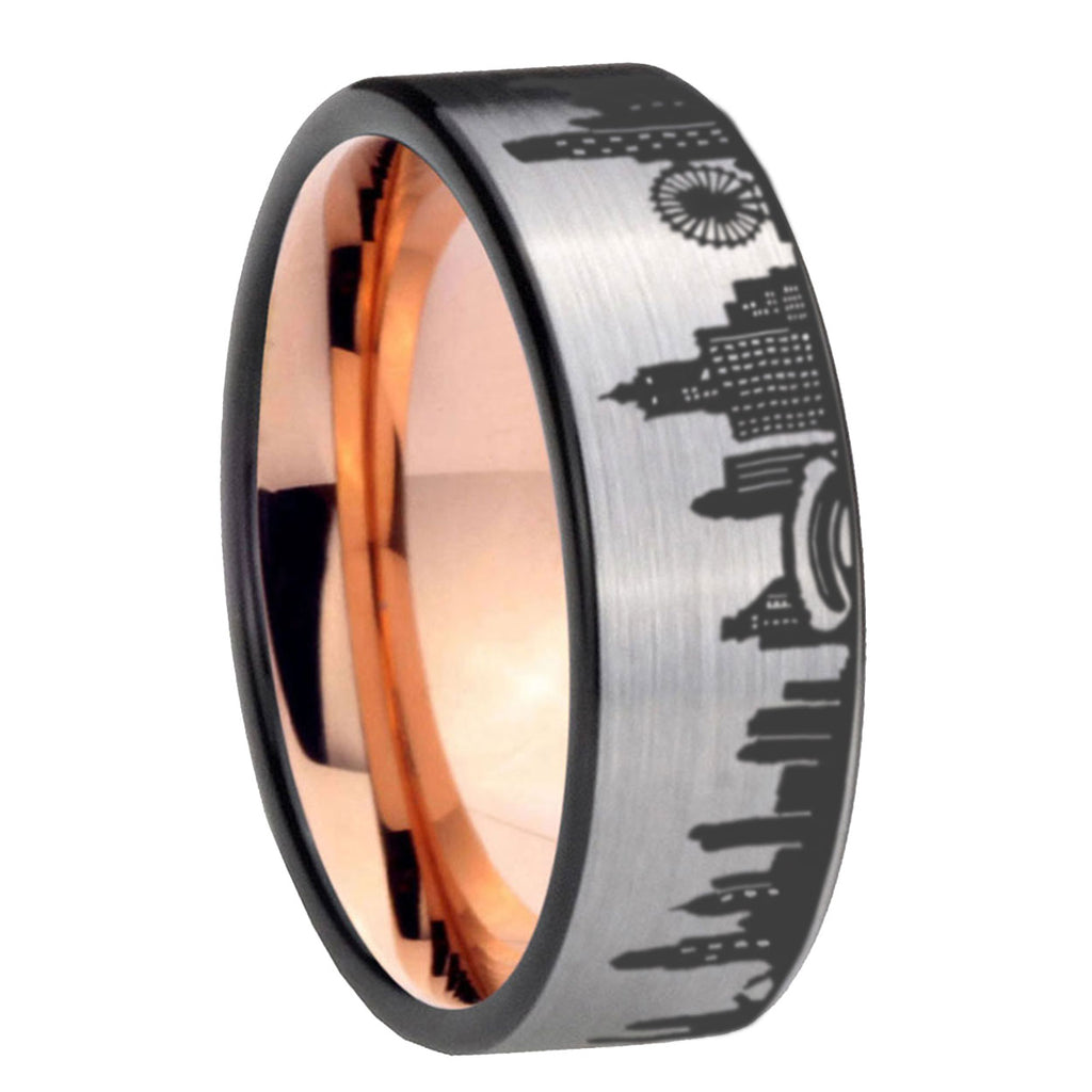 Chicago City Pipe Cut Gray Tungsten Rose Gold Plated Ring