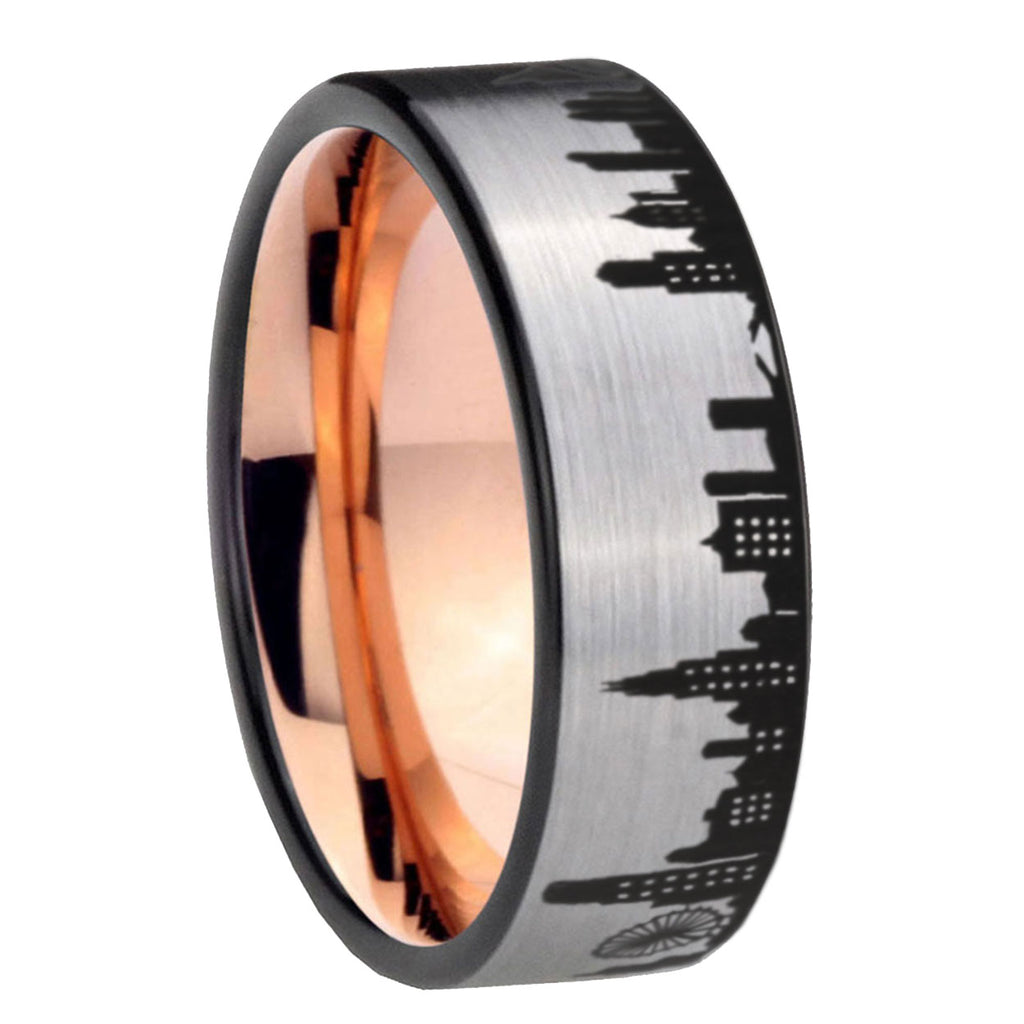 8MM Chicago City Pipe Cut Gray Tungsten Rose Gold Plated Ring