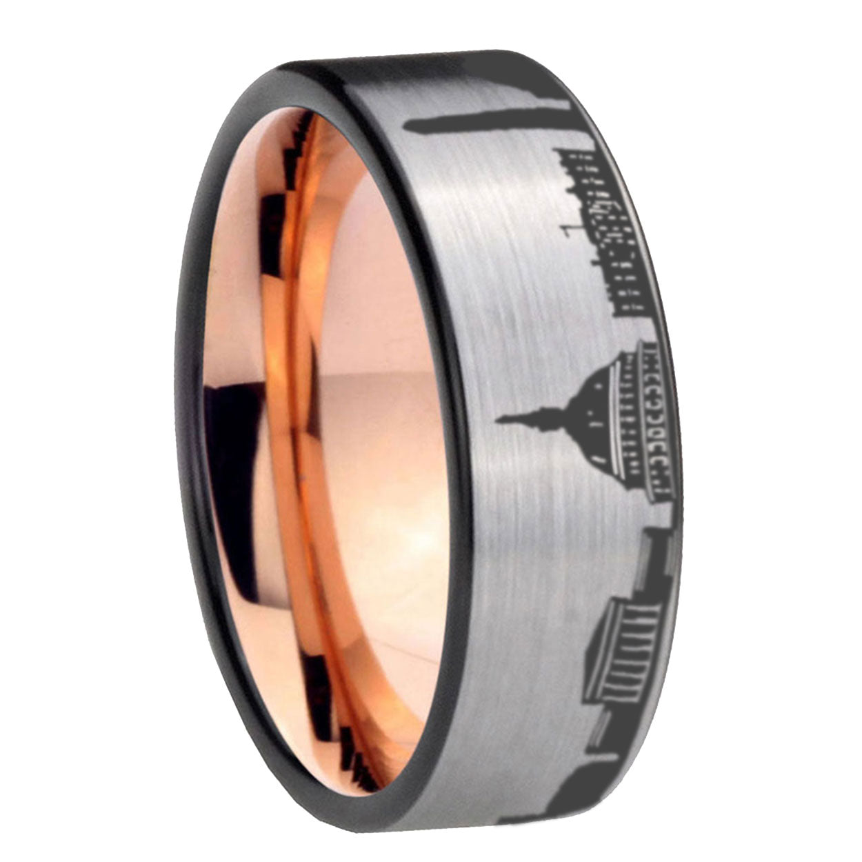 DC Washington City Pipe Cut Gray Tungsten Rose Gold Ring