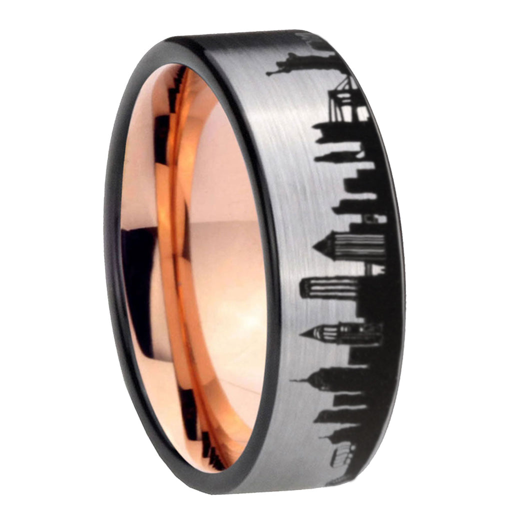 NY New York City Pipe Cut Gray Tungsten Rose Gold Custom Ring