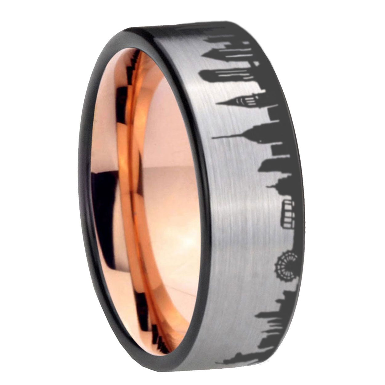 8MM NY New York City Pipe Cut Gray Tungsten Rose Gold Custom Ring