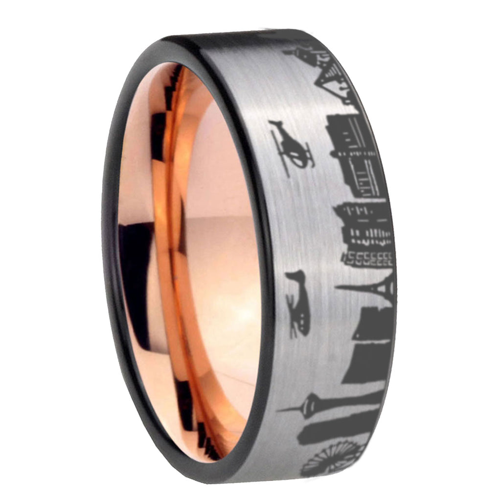 8MM LA Las Vegas City Pipe Cut Gray Tungsten Rose Gold Custom Ring