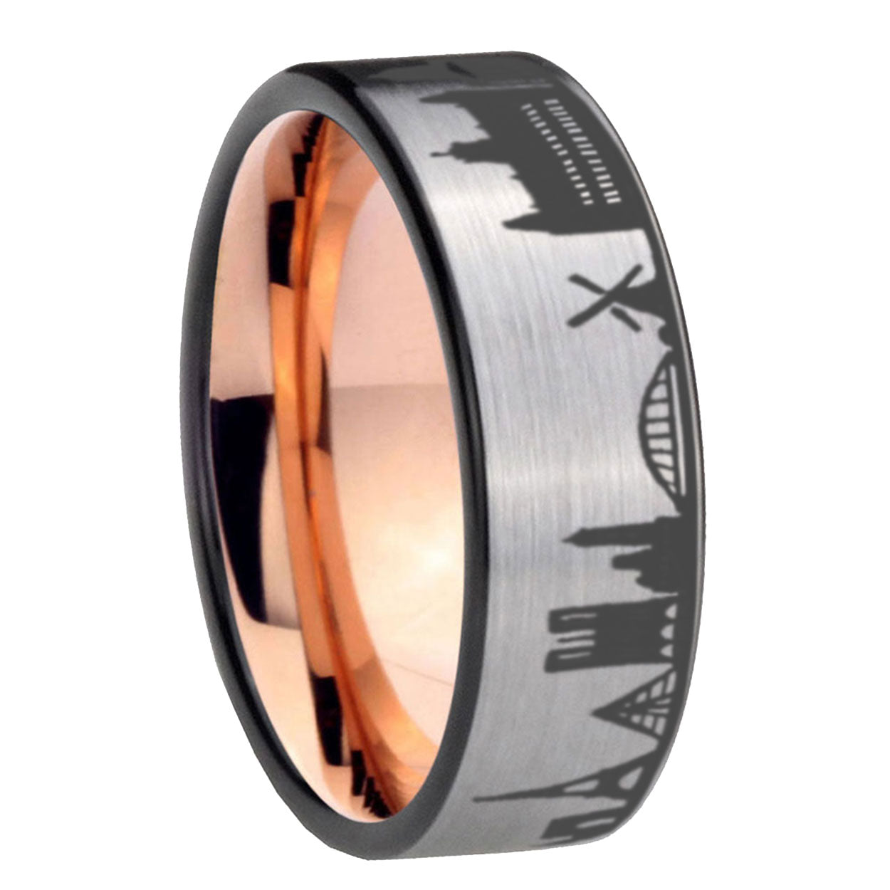France Paris City Pipe Cut Gray Tungsten Rose Gold Custom Ring