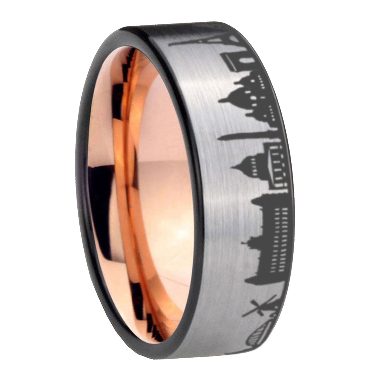 8MM France Paris City Pipe Cut Gray Tungsten Rose Gold Custom Ring