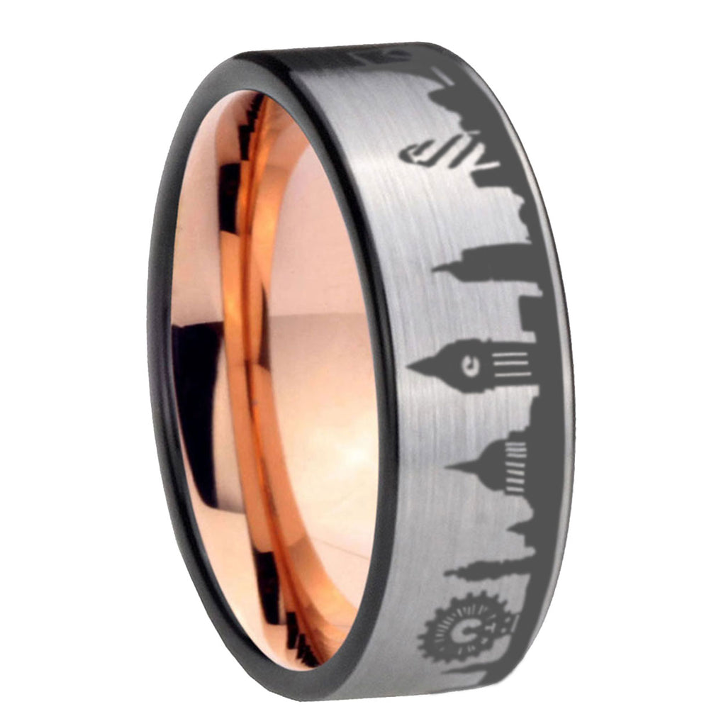 UK London City Pipe Cut Gray Tungsten Rose Gold Custom Ring