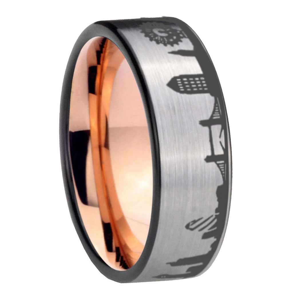 8MM UK London City Pipe Cut Gray Tungsten Rose Gold Custom Ring
