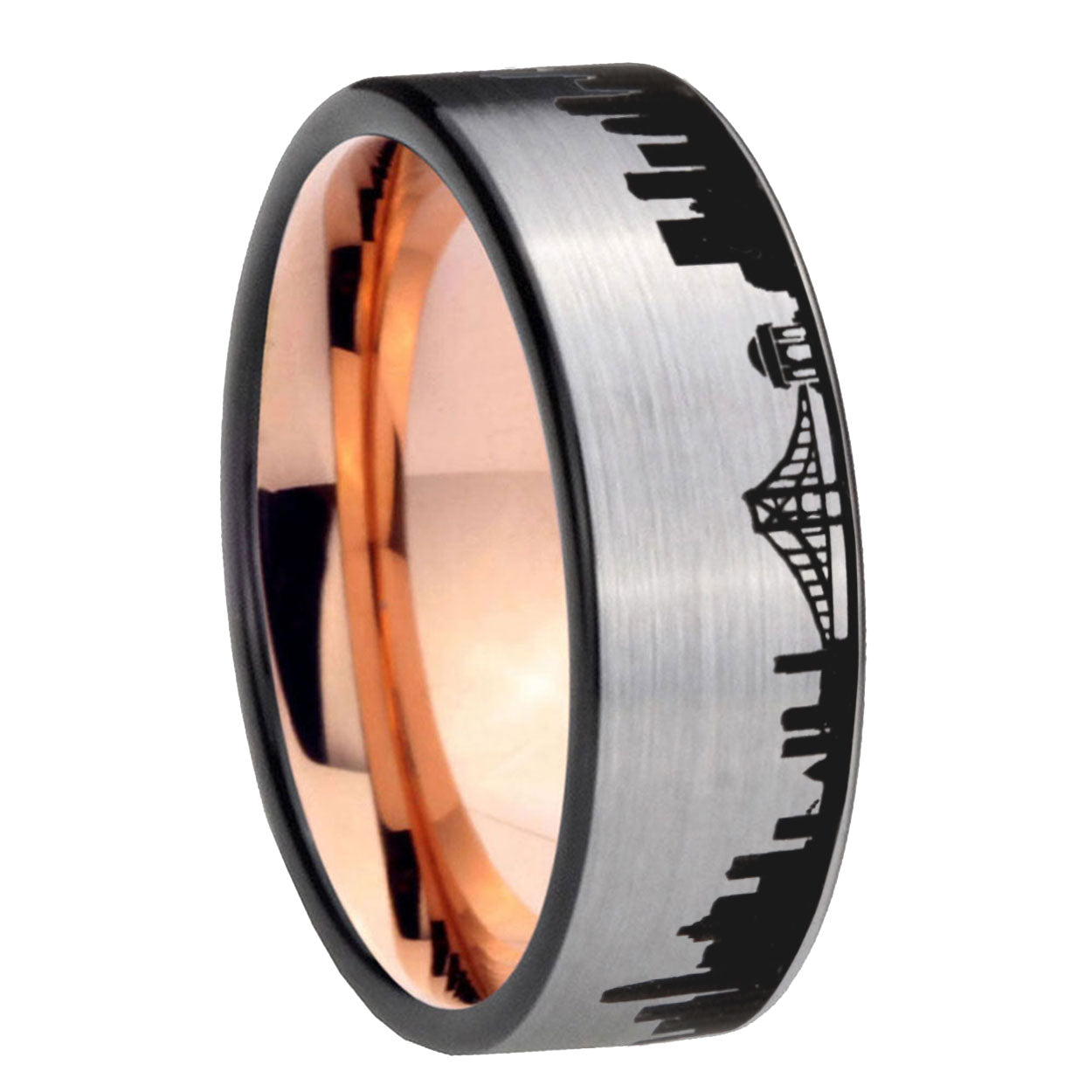 CA San Francisco City Pipe Cut Gray Tungsten Rose Gold Ring