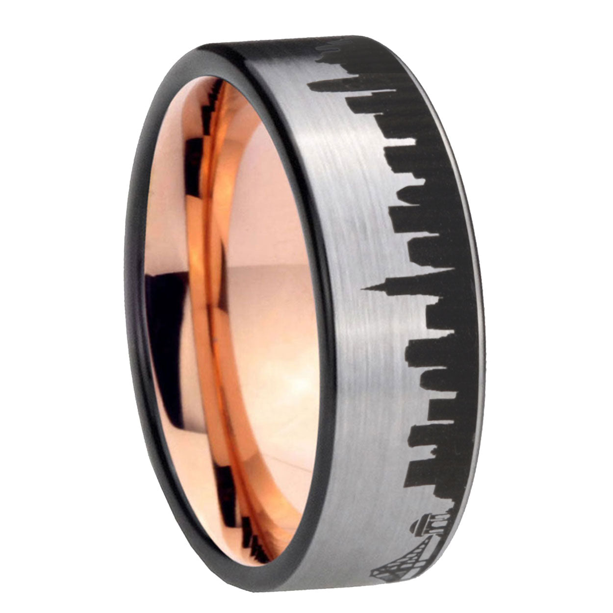 8MM CA San Francisco City Pipe Cut Gray Tungsten Rose Gold Ring