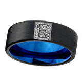 8mm-Pipe-Cut-Black-and-Blue-Tungsten-Floral-Initial-Letter-E,-Monogram-Wedding-Bands
