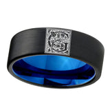 8mm-Pipe-Cut-Black-and-Blue-Tungsten-Floral-Initial-Letter-G,-Monogram-Wedding-Bands