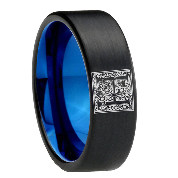 8mm-Pipe-Cut-Black-and-Blue-Tungsten-Floral-Initial-Letter-H,-Monogram-Wedding-Bands