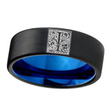 8mm-Pipe-Cut-Black-and-Blue-Tungsten-Floral-Initial-Letter-I,-Monogram-Wedding-Bands