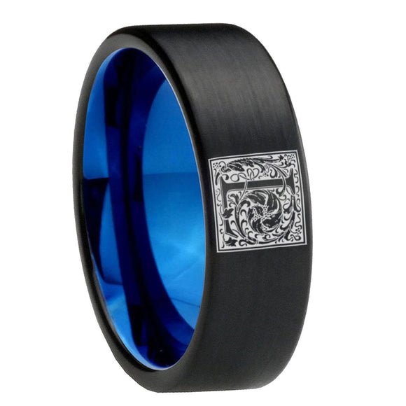 8mm-Pipe-Cut-Black-and-Blue-Tungsten-Floral-Initial-Letter-L,-Monogram-Wedding-Bands