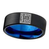 8mm-Pipe-Cut-Black-and-Blue-Tungsten-Floral-Initial-Letter-L,-Monogram-Wedding-Bands