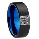 8mm-Pipe-Cut-Black-and-Blue-Tungsten-Floral-Initial-Letter-P,-Monogram-Wedding-Bands