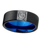 8mm-Pipe-Cut-Black-and-Blue-Tungsten-Floral-Initial-Letter-Q,-Monogram-Wedding-Bands