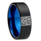 8mm-Pipe-Cut-Black-and-Blue-Tungsten-Floral-Initial-Letter-V,-Monogram-Wedding-Bands