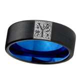 8mm-Pipe-Cut-Black-and-Blue-Tungsten-Floral-Initial-Letter-Y,-Monogram-Wedding-Bands