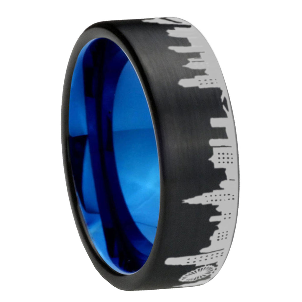 8MM Chicago City Pipe Cut Brushed Black Tungsten Blue Custom Ring