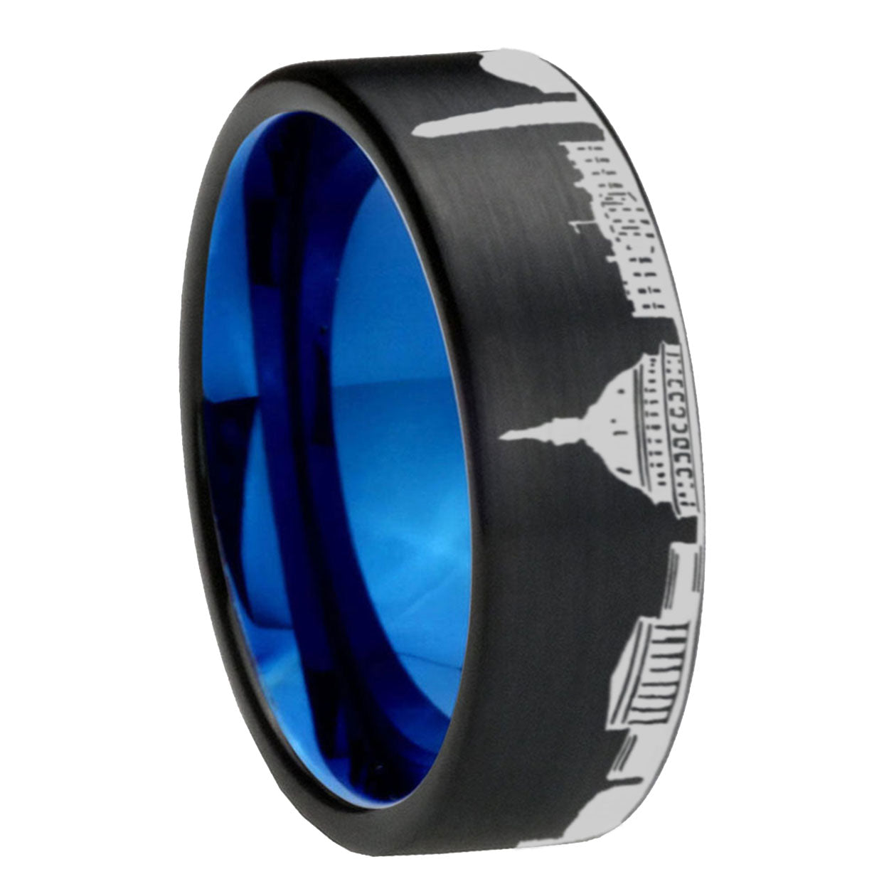 DC Washington City Pipe Cut Brushed Black Tungsten Blue Ring