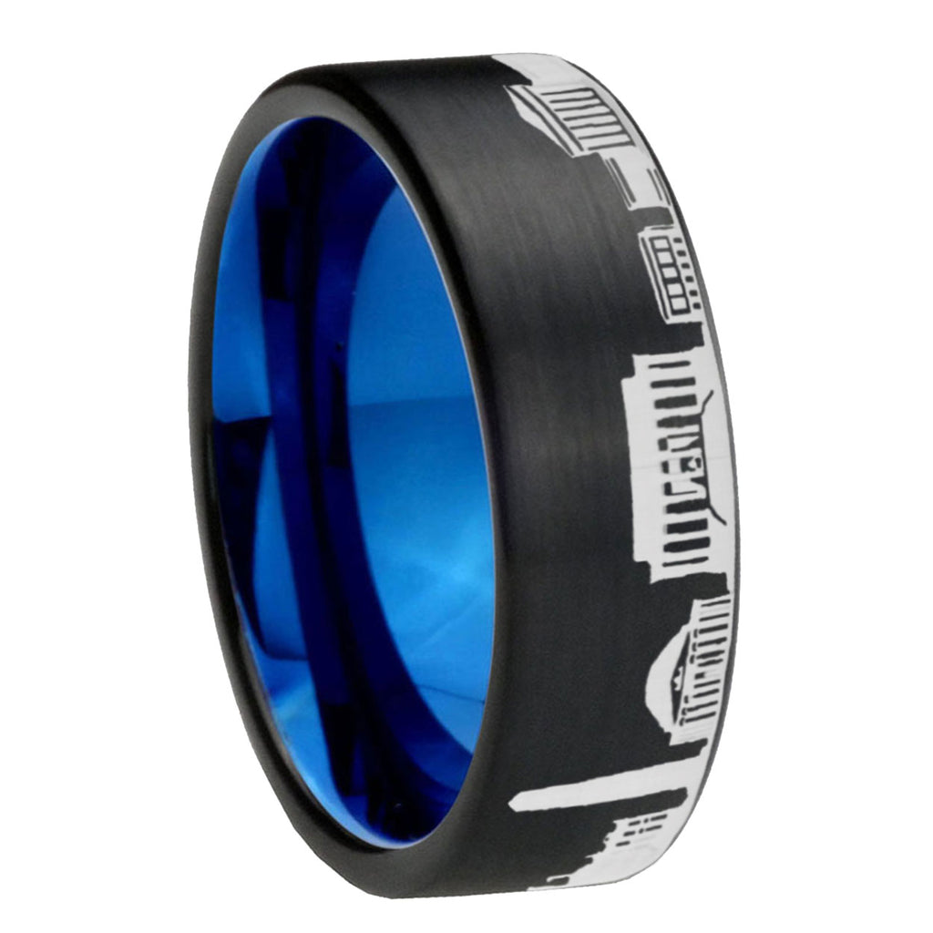 8MM DC Washington City Pipe Cut Brushed Black Tungsten Blue Ring