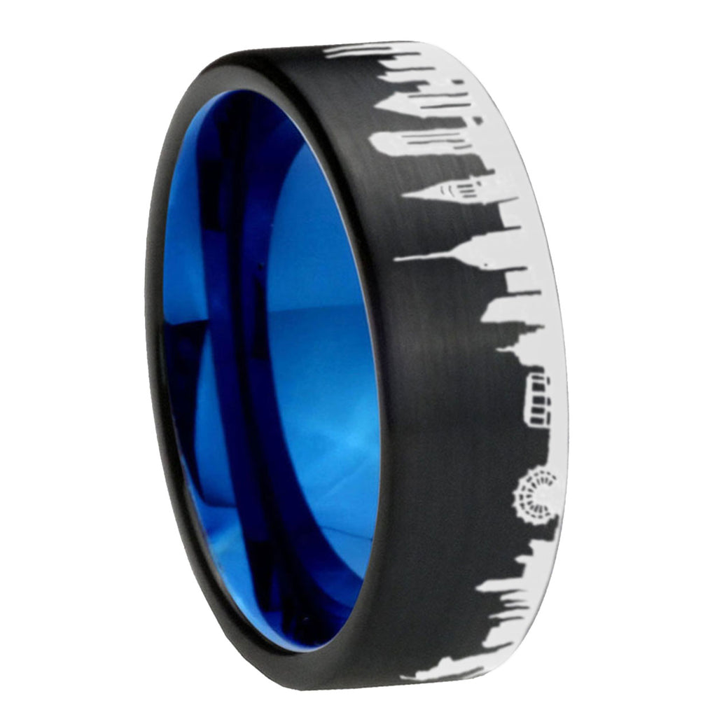 8MM NY New York City Pipe Cut Brushed Black Tungsten Blue Ring