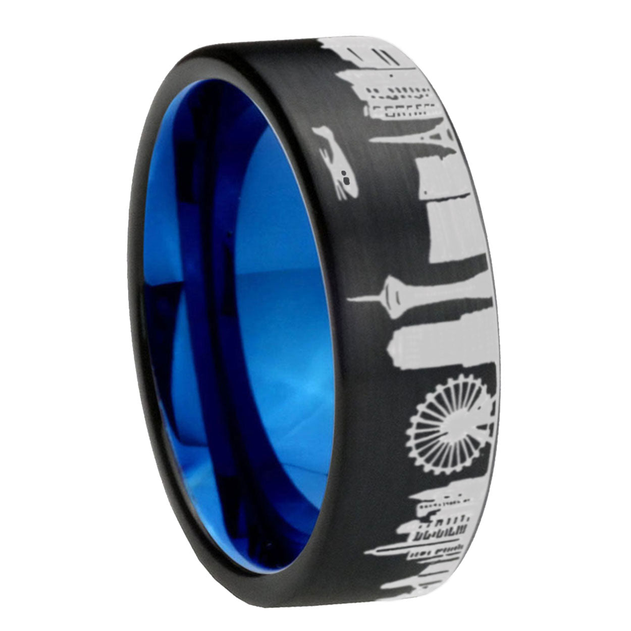 LA Las Vegas City Pipe Cut Brushed Black Tungsten Blue Ring