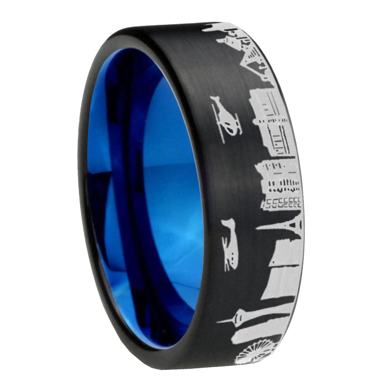 8MM LA Las Vegas City Pipe Cut Brushed Black Tungsten Blue Ring