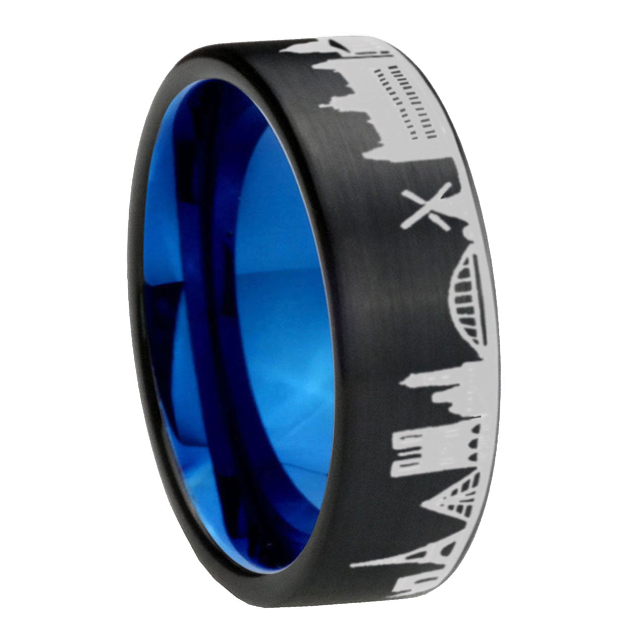 France Paris City Pipe Cut Brushed Black Tungsten Blue Ring
